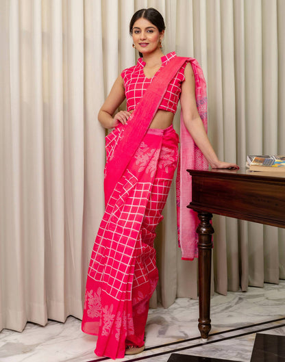 Ready To Wear Coral Pink Linen Printed Saree