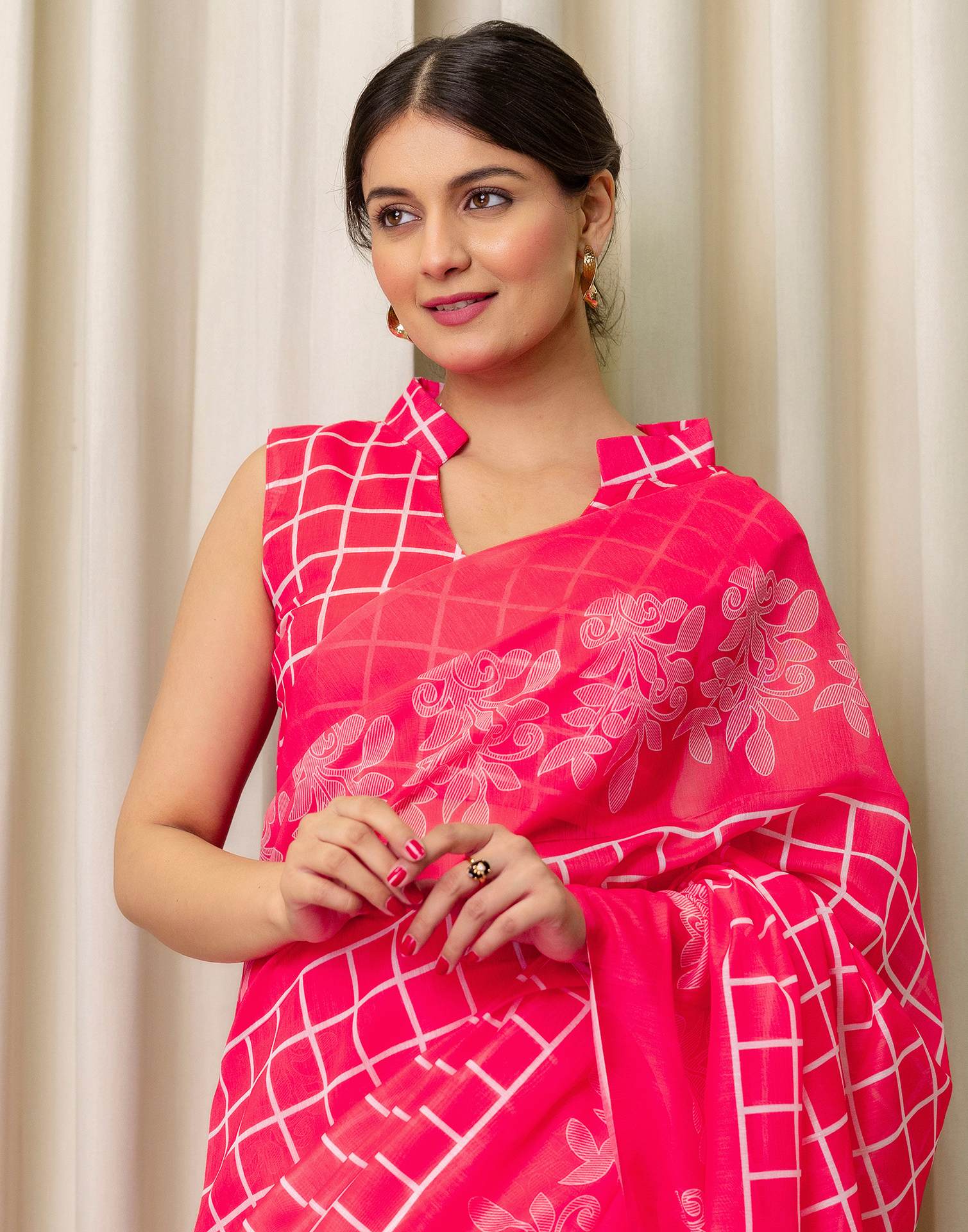 Ready To Wear Coral Pink Linen Printed Saree