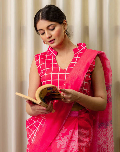 Ready To Wear Coral Pink Linen Printed Saree