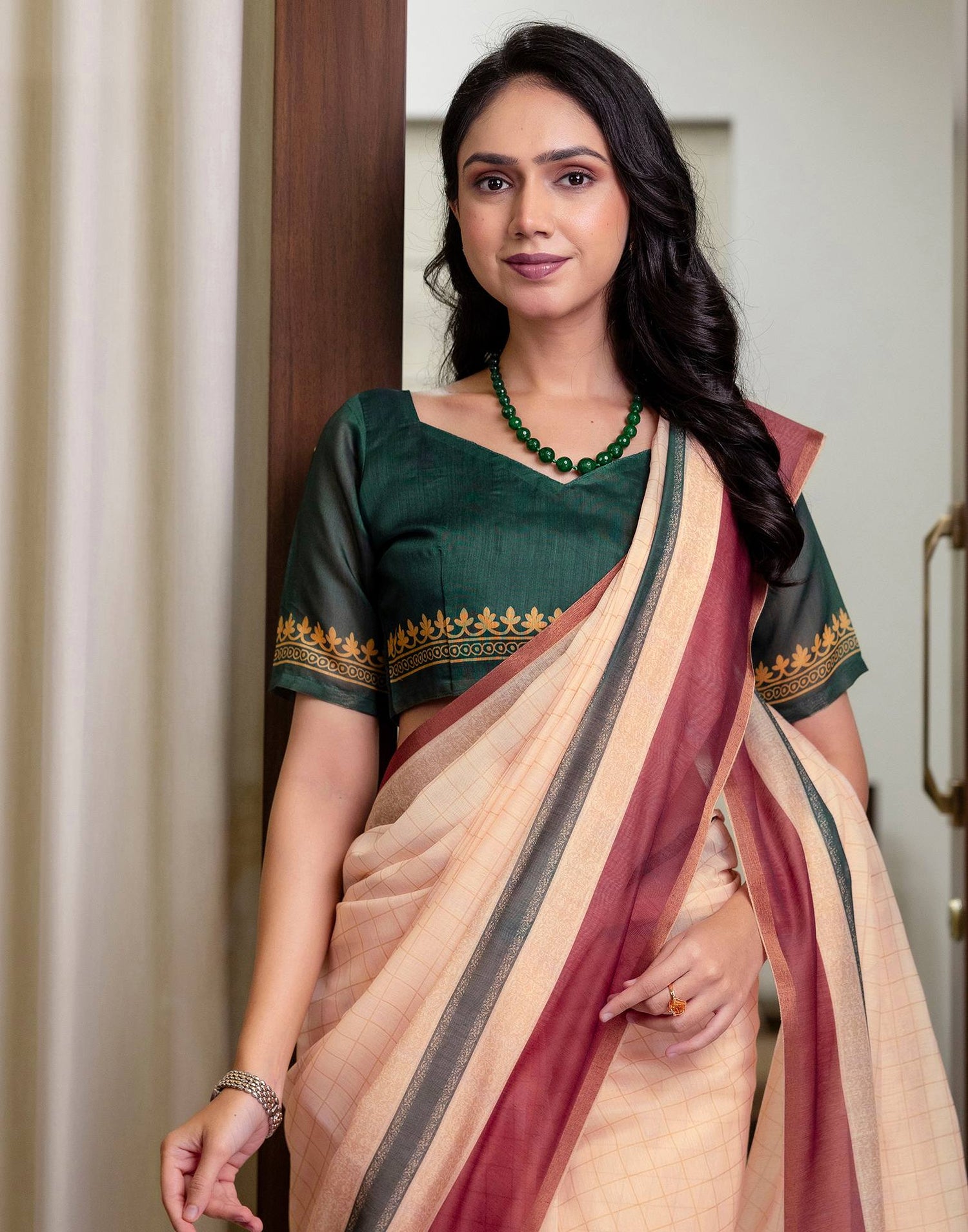 Ready To Wear Light Peach Linen Printed Saree