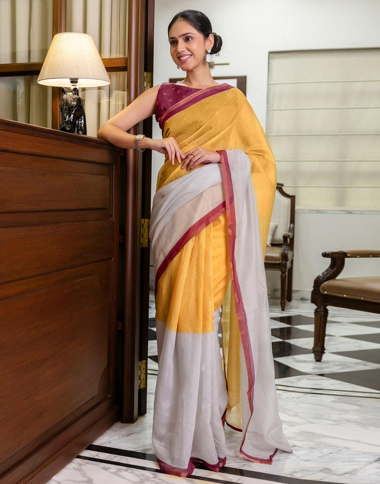 Ready To Wear Yellow Linen Zari Border Saree