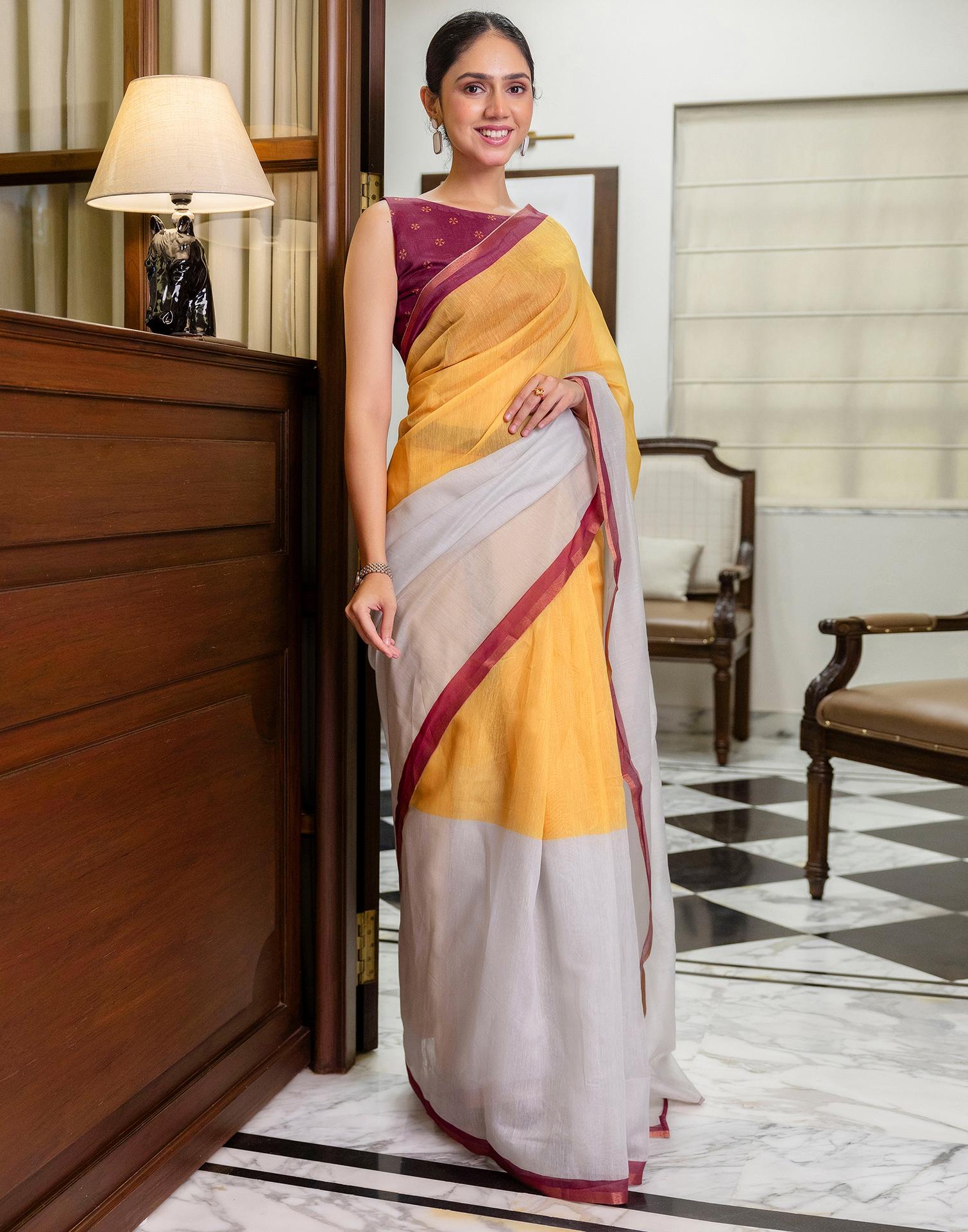 Ready To Wear Yellow Linen Zari Border Saree