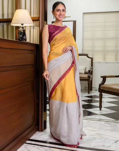 Ready To Wear Yellow Linen Zari Border Saree