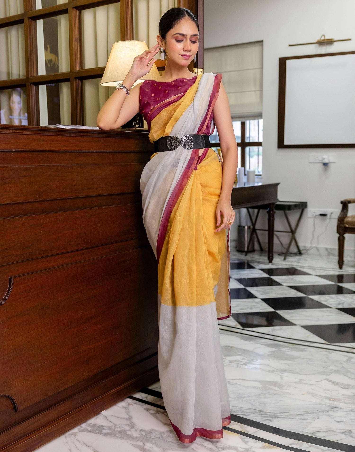 Ready To Wear Yellow Linen Zari Border Saree