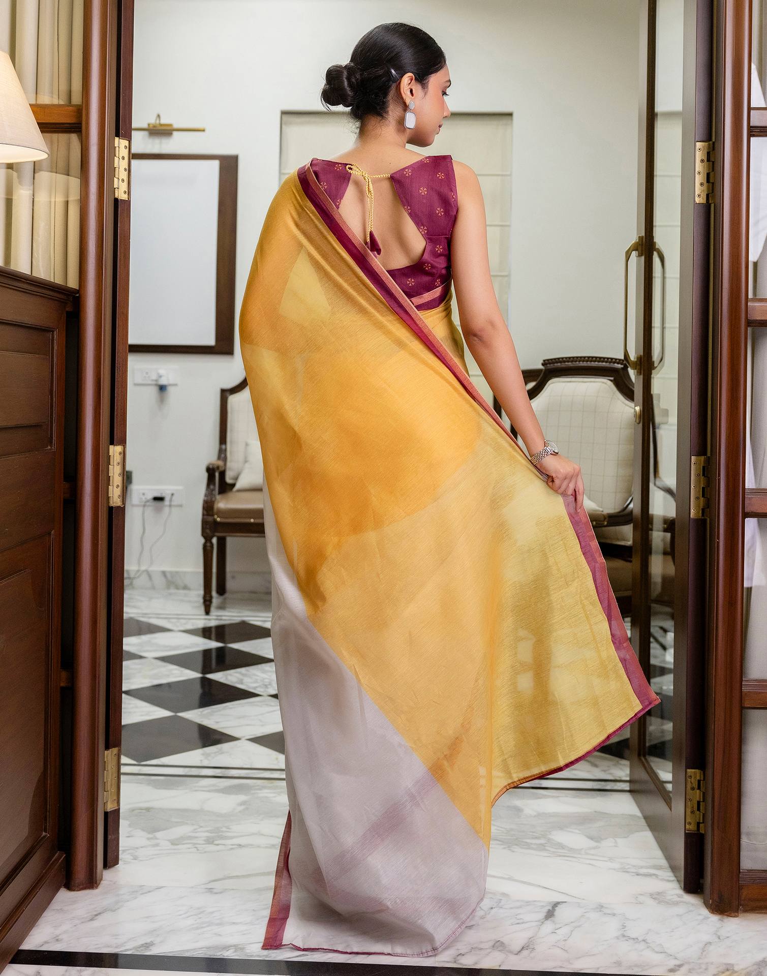 Ready To Wear Yellow Linen Zari Border Saree
