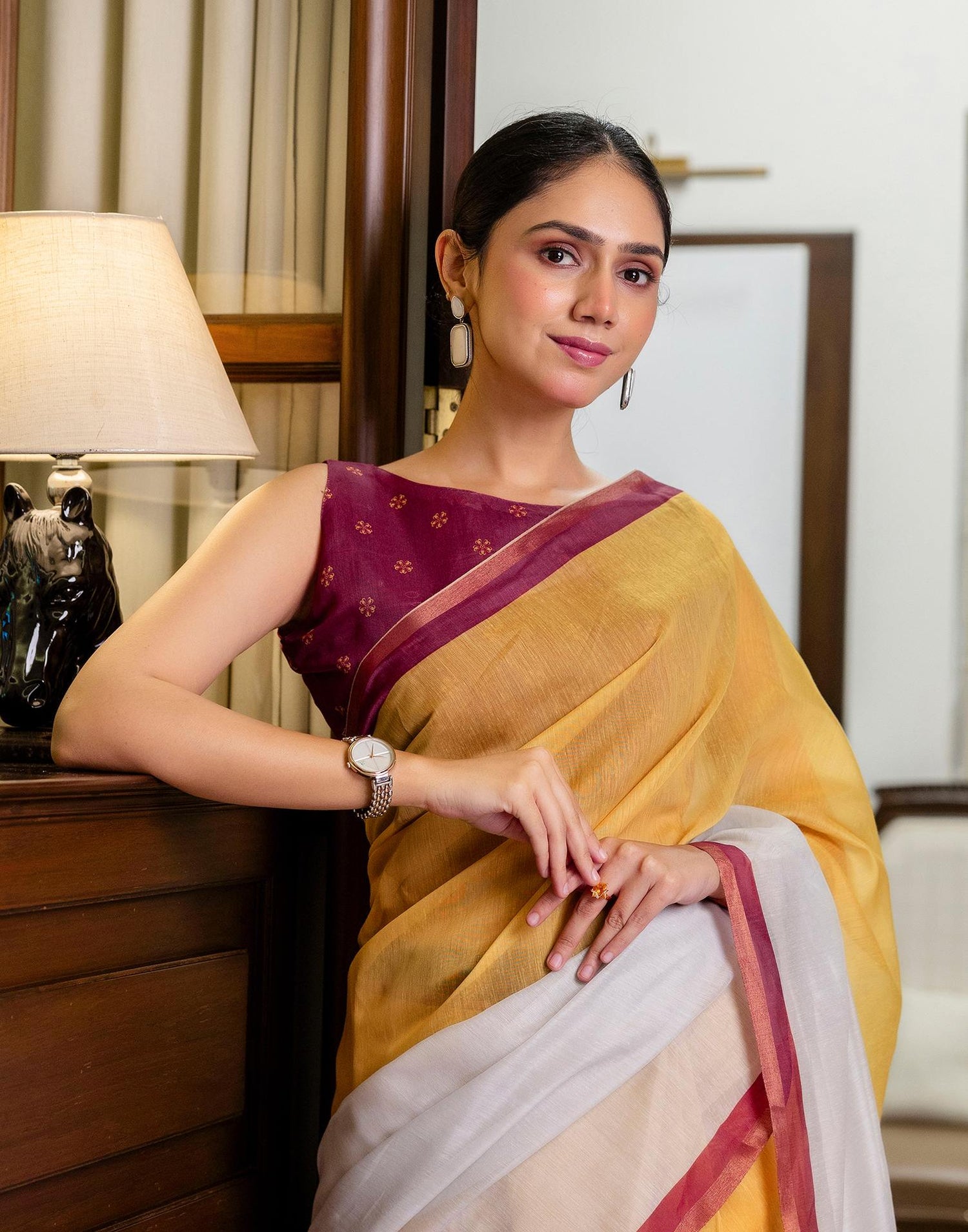 Ready To Wear Yellow Linen Zari Border Saree