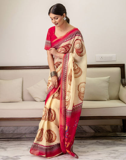 Ready To Wear Cream Linen Printed Saree