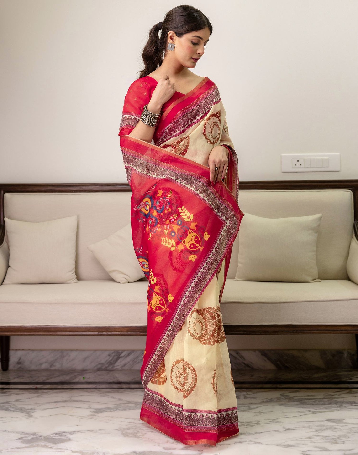 Ready To Wear Cream Linen Printed Saree