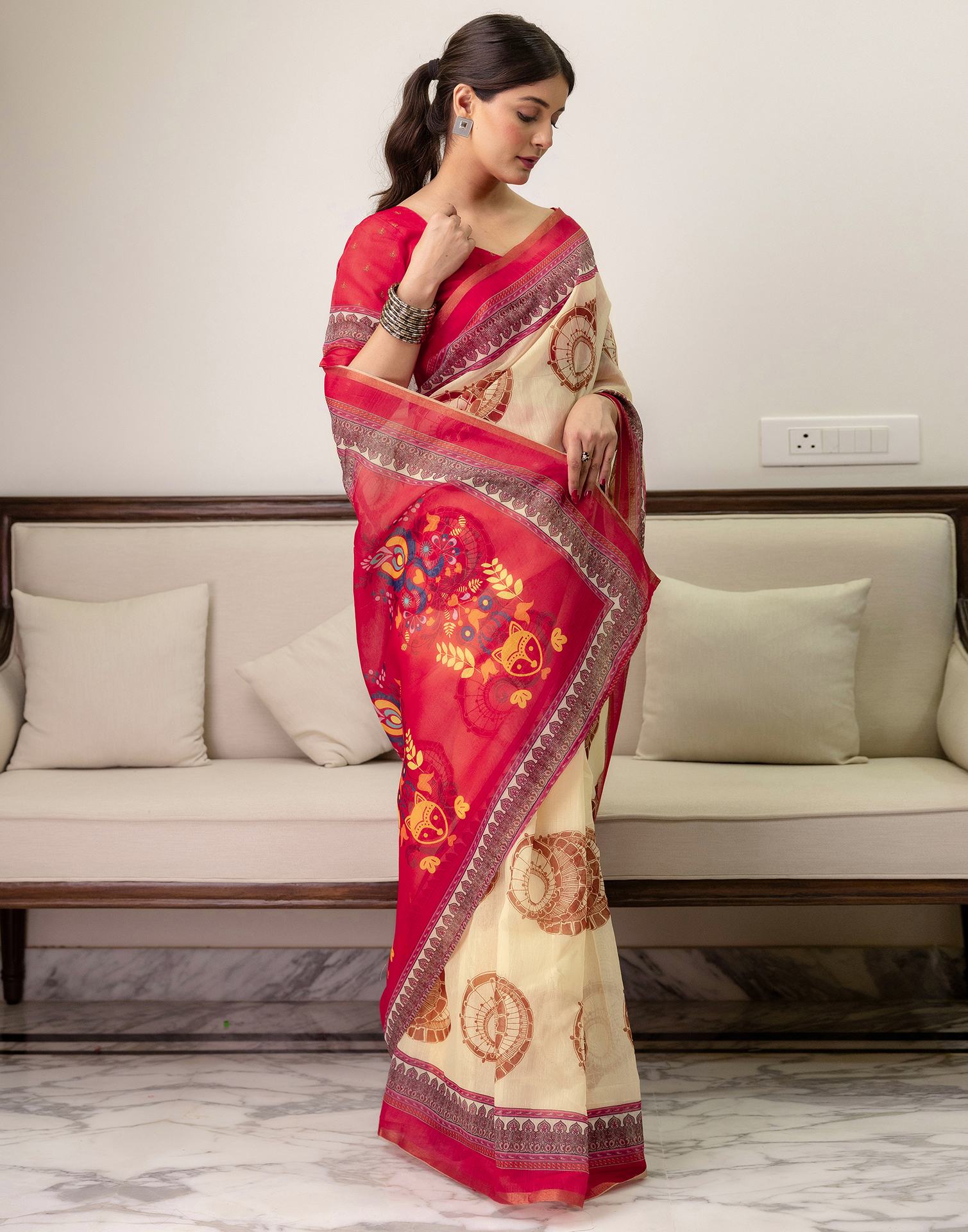 Ready To Wear Cream Linen Printed Saree