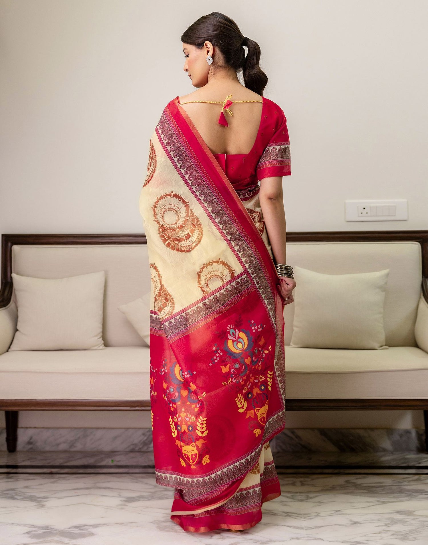 Ready To Wear Cream Linen Printed Saree