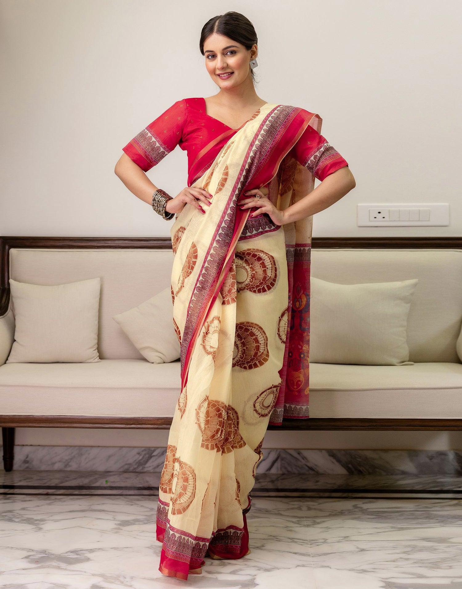 Ready To Wear Cream Linen Printed Saree