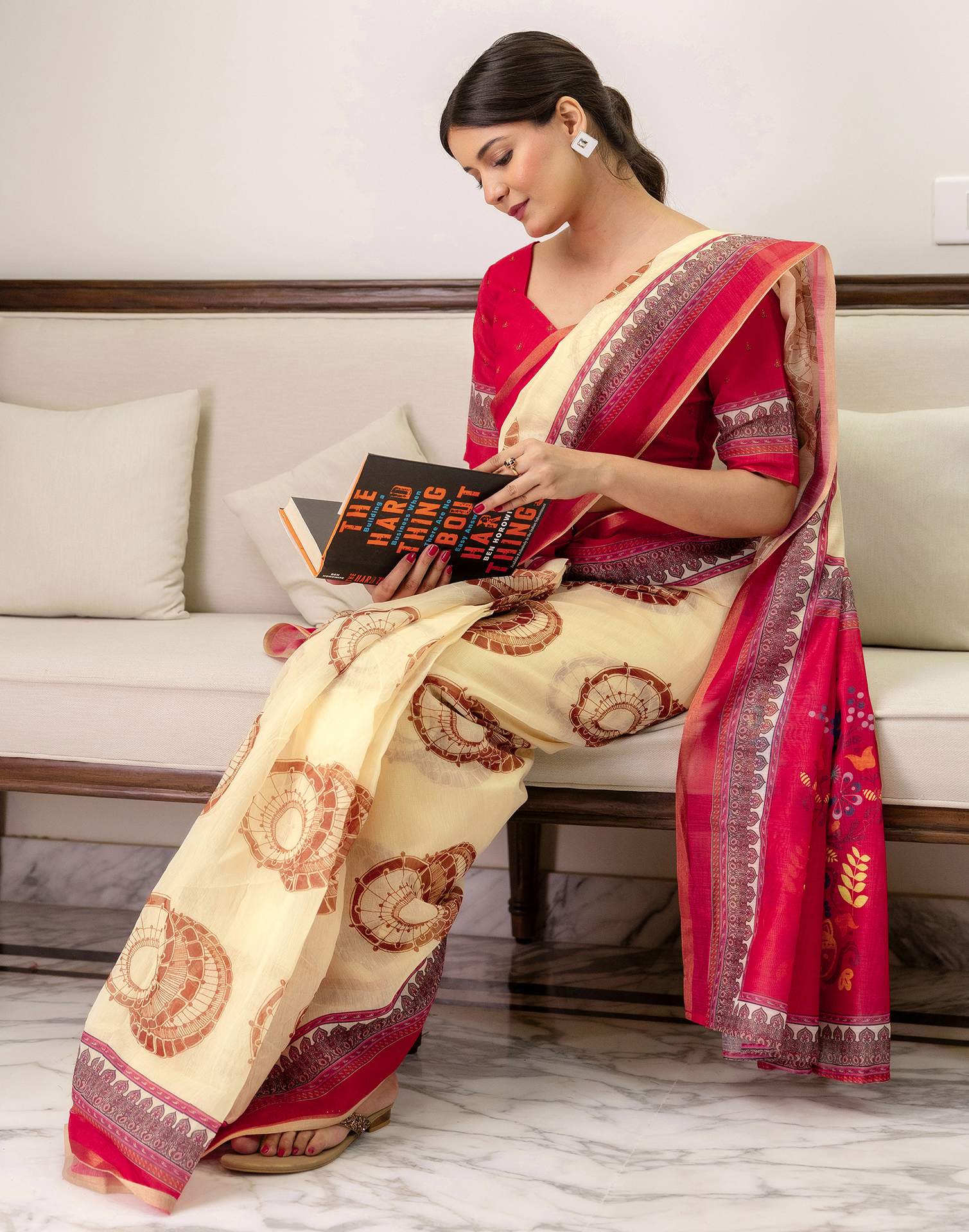 Ready To Wear Cream Linen Printed Saree