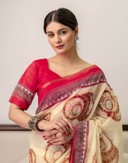 Ready To Wear Cream Linen Printed Saree
