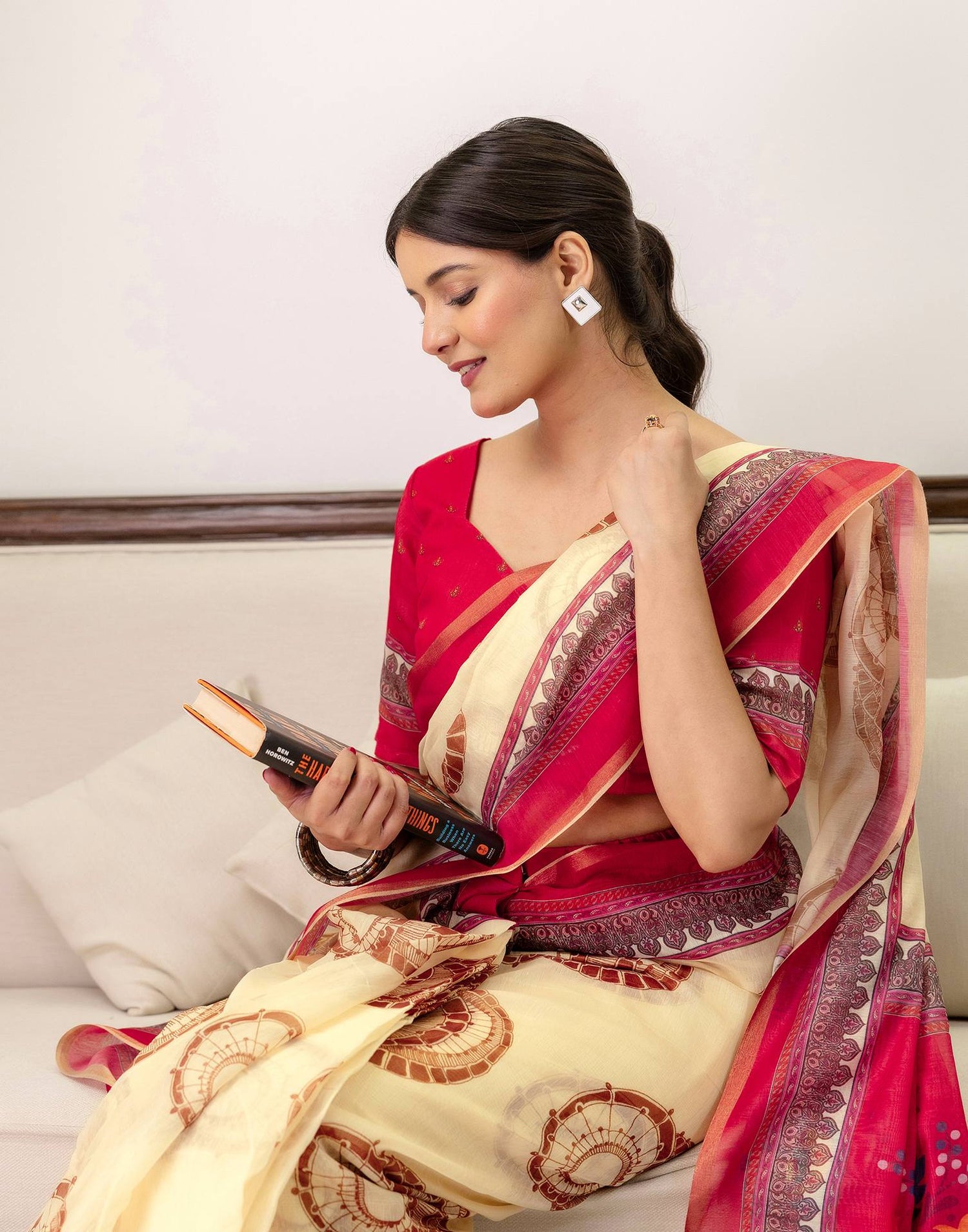 Ready To Wear Cream Linen Printed Saree