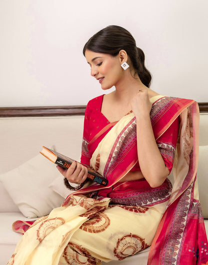 Ready To Wear Cream Linen Printed Saree