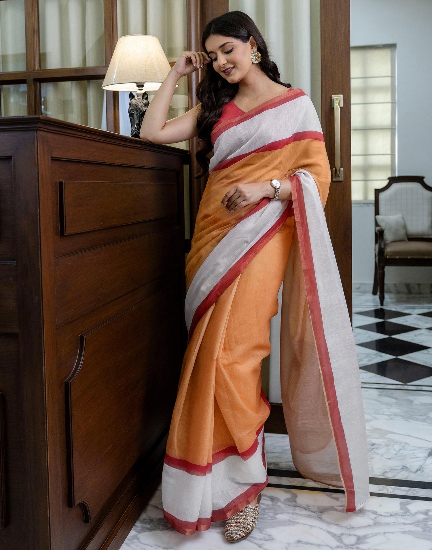 Ready To Wear Light Orange Linen Zari Border Saree