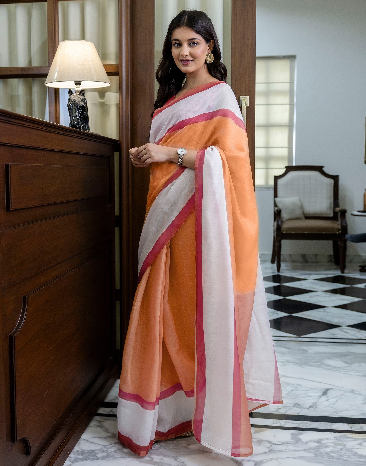 Ready To Wear Light Orange Linen Zari Border Saree