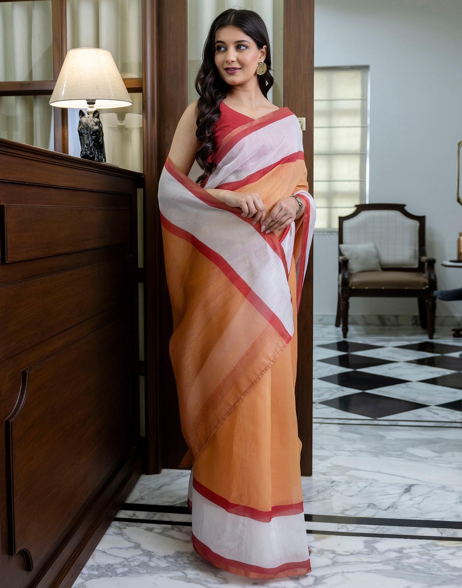 Ready To Wear Light Orange Linen Zari Border Saree