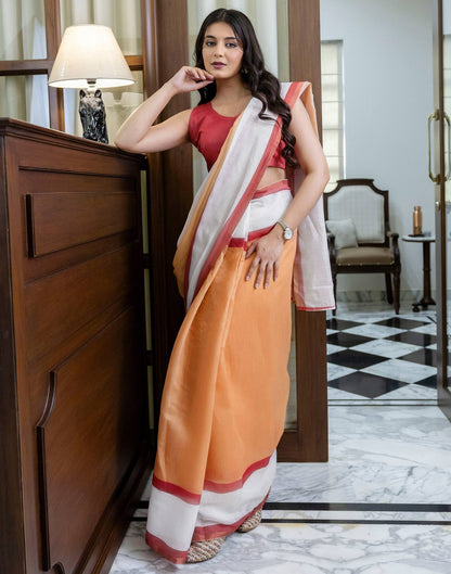 Ready To Wear Light Orange Linen Zari Border Saree