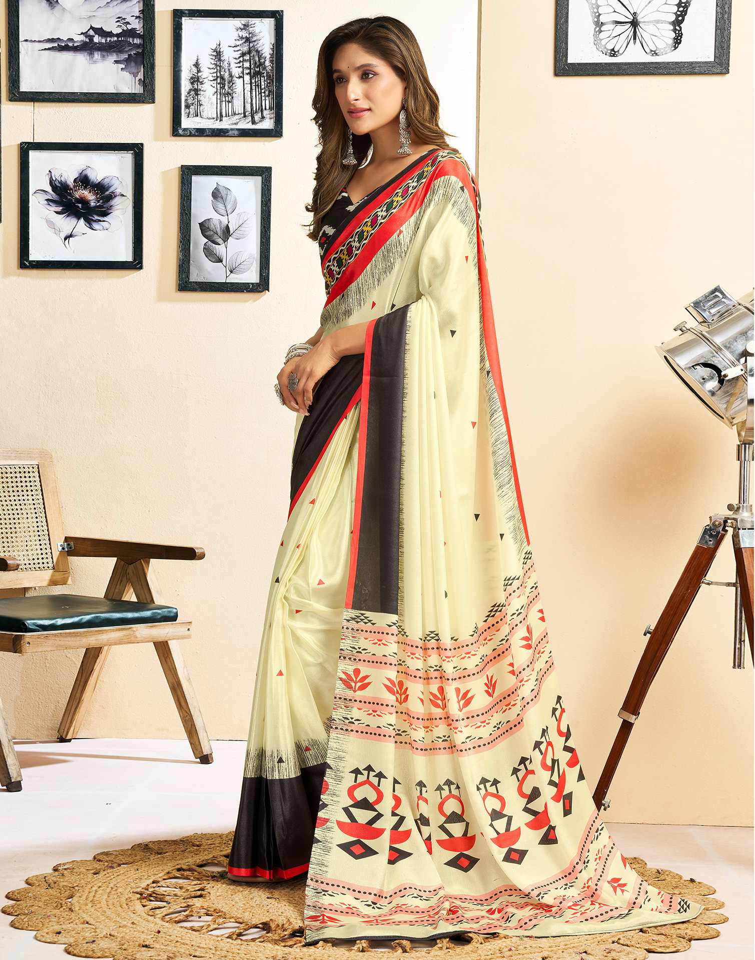 Ready To Wear Beige Chinnon Printed Saree