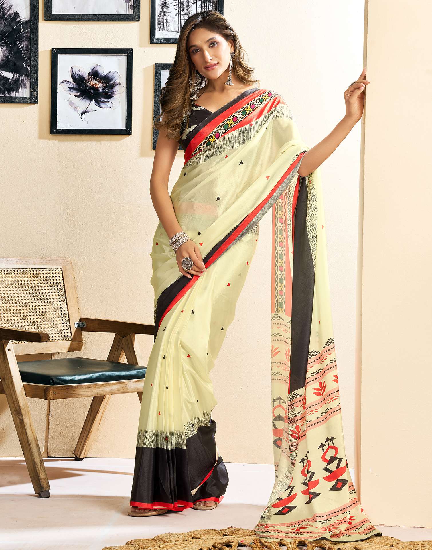 Ready To Wear Beige Chinnon Printed Saree