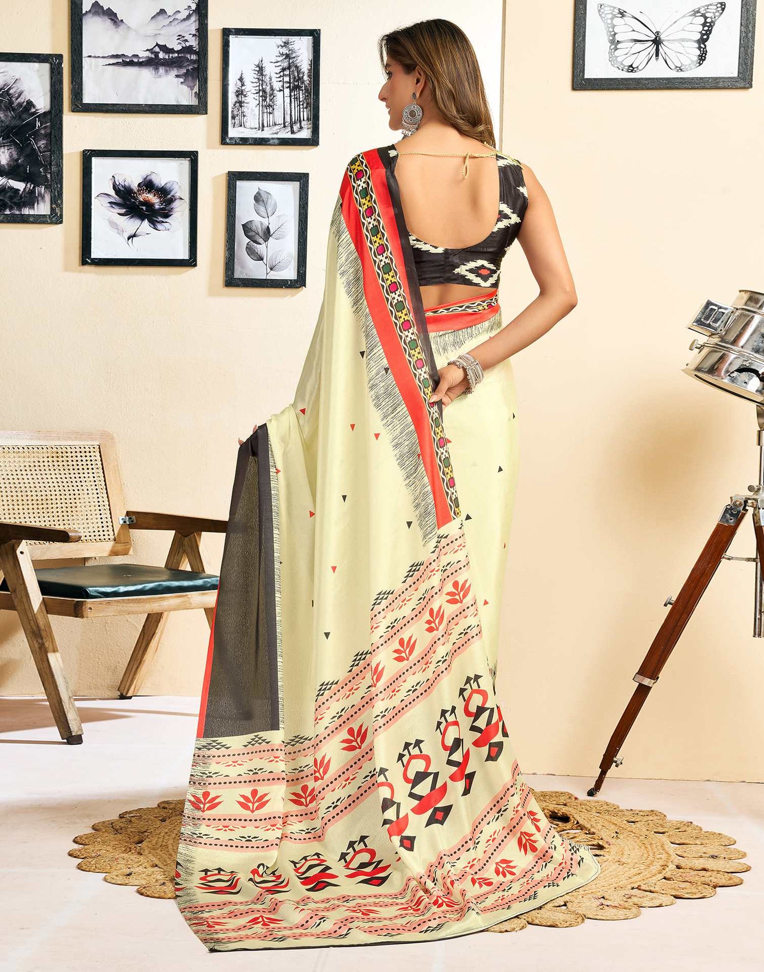 Ready To Wear Beige Chinnon Printed Saree