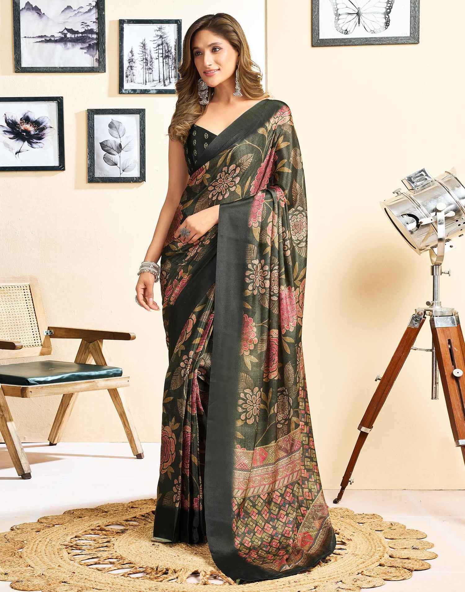 Ready To Wear Dark Green Chinnon Floral Printed Saree
