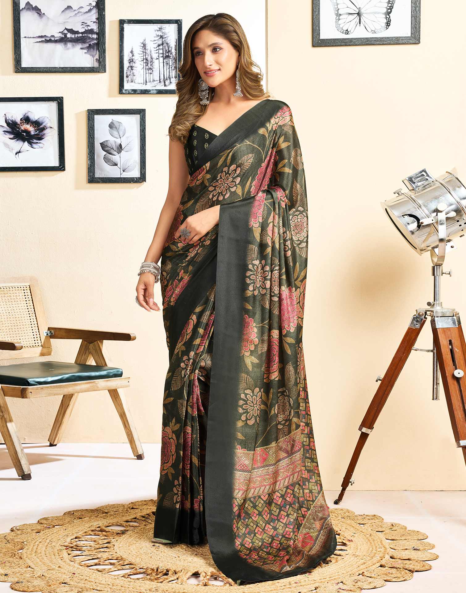Ready To Wear Dark Green Chinnon Floral Printed Saree