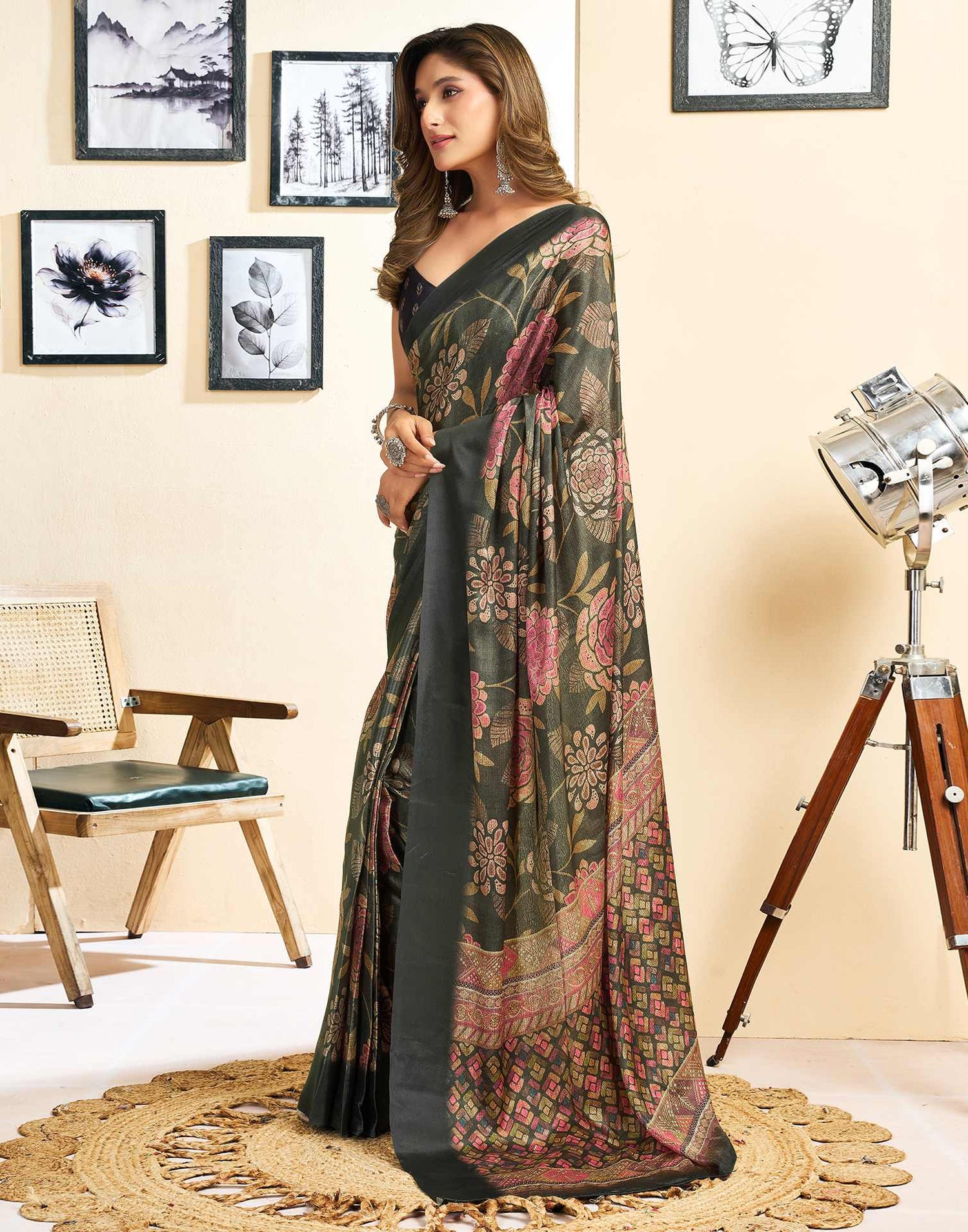 Ready To Wear Dark Green Chinnon Floral Printed Saree