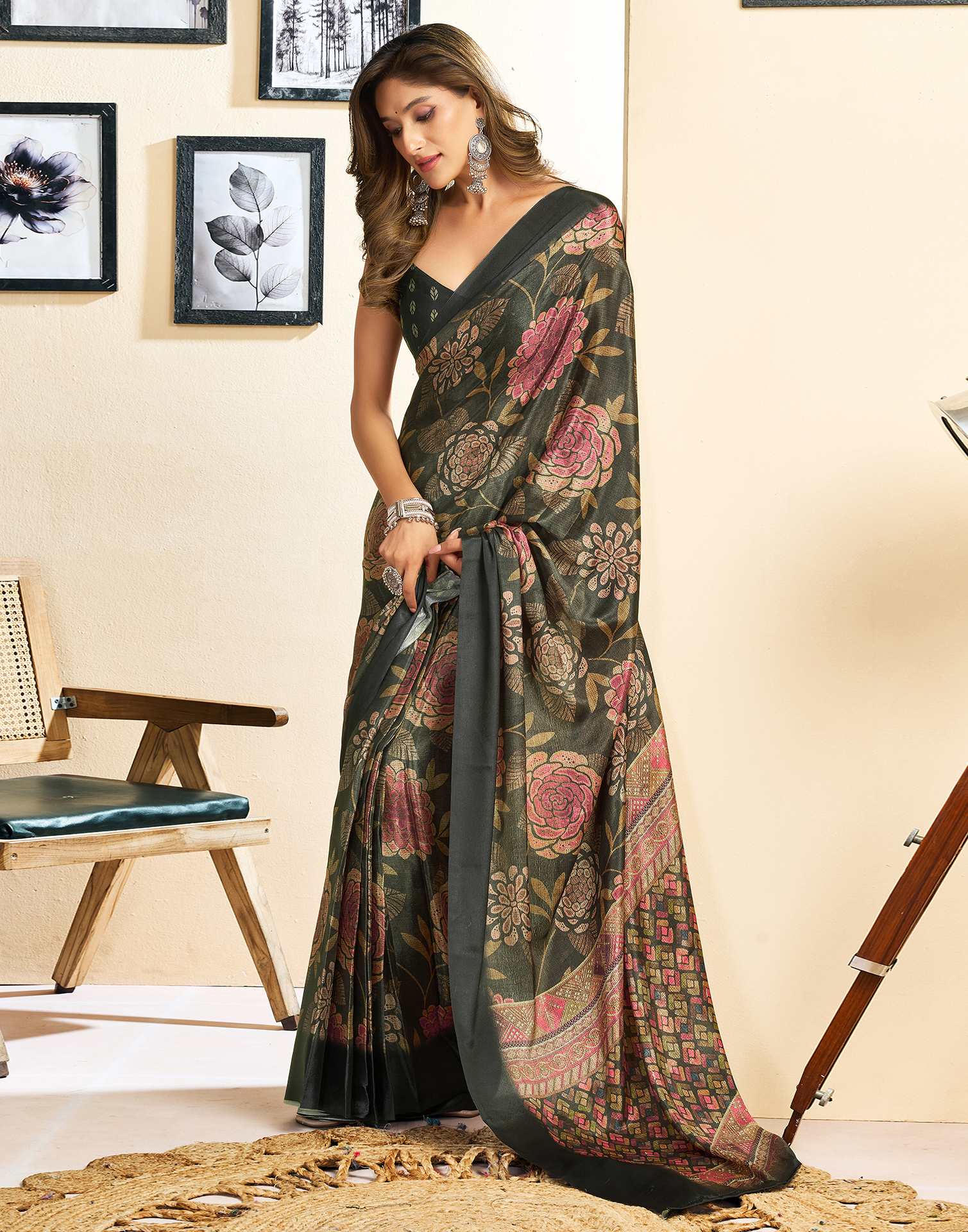 Ready To Wear Dark Green Chinnon Floral Printed Saree