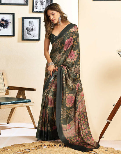 Ready To Wear Dark Green Chinnon Floral Printed Saree