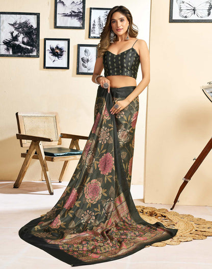 Ready To Wear Dark Green Chinnon Floral Printed Saree