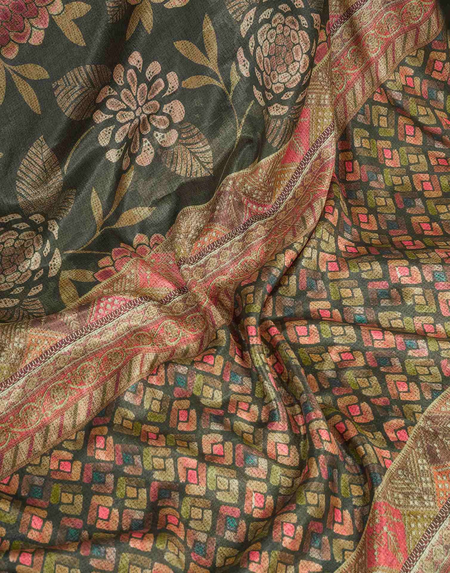 Ready To Wear Dark Green Chinnon Floral Printed Saree