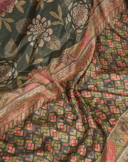 Ready To Wear Dark Green Chinnon Floral Printed Saree