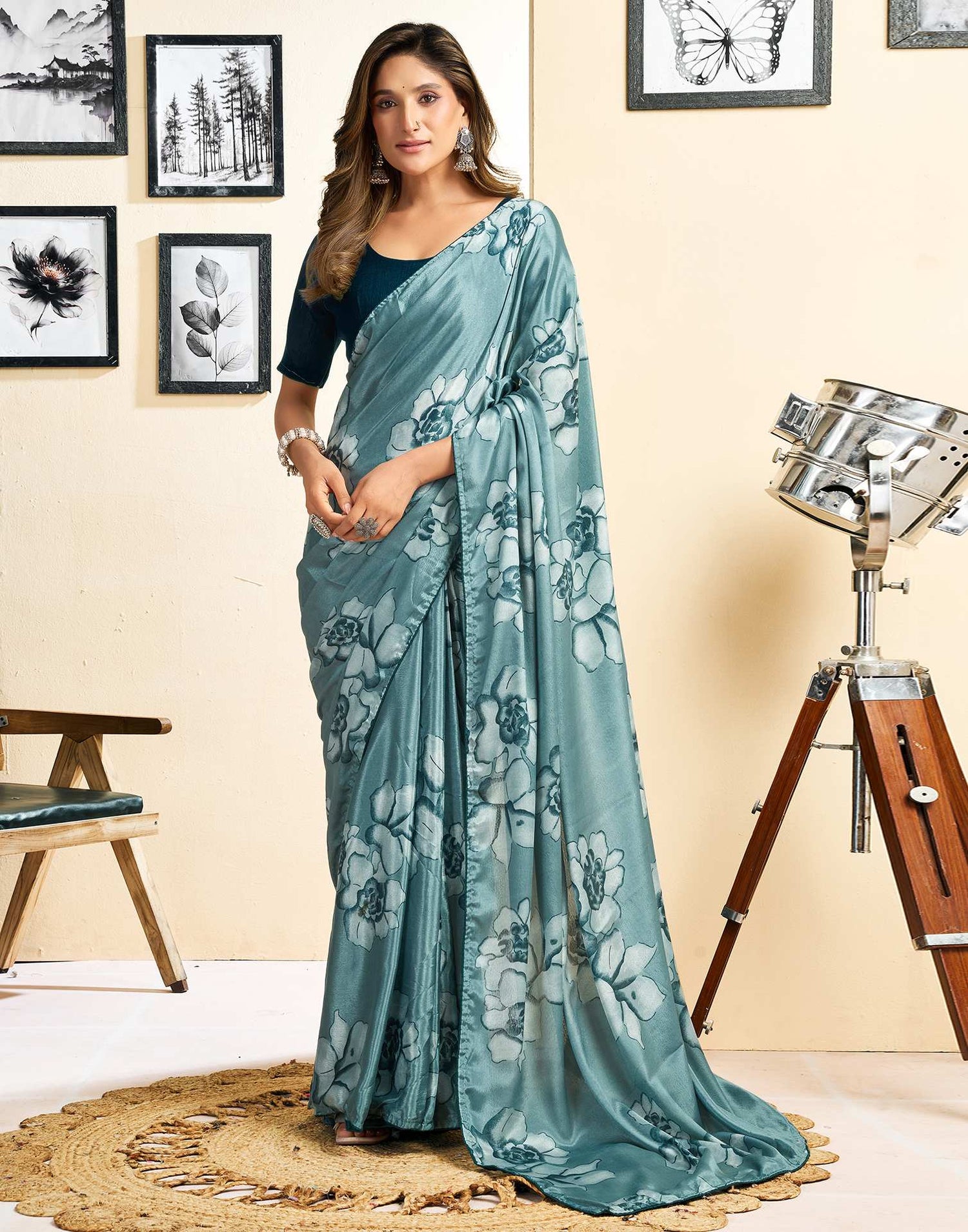Ready To Wear Dusty Teal Blue Chinnon Floral Printed Saree
