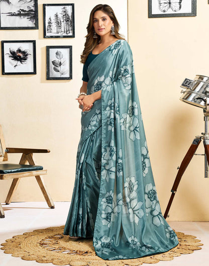 Ready To Wear Dusty Teal Blue Chinnon Floral Printed Saree