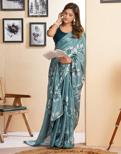 Ready To Wear Dusty Teal Blue Chinnon Floral Printed Saree