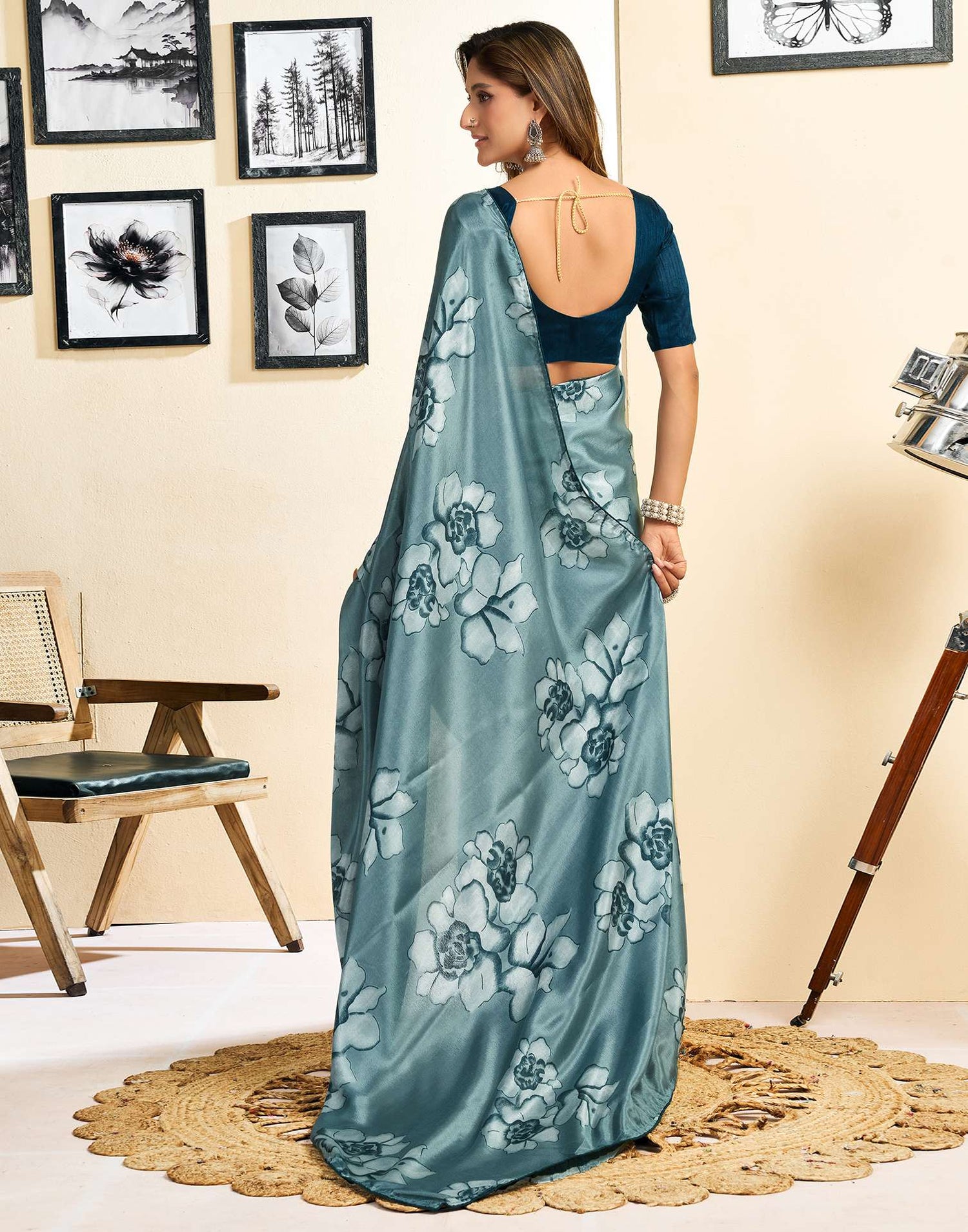 Ready To Wear Dusty Teal Blue Chinnon Floral Printed Saree