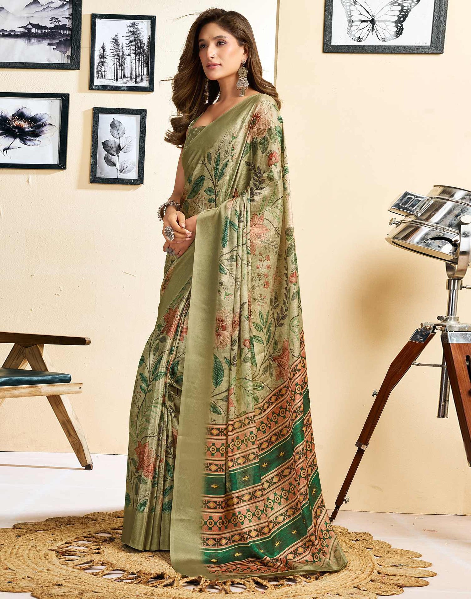 Ready To Wear Khaki Chinnon Printed Saree