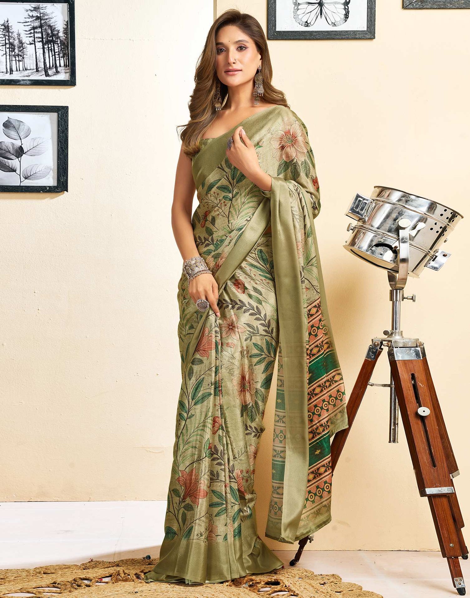 Ready To Wear Khaki Chinnon Printed Saree