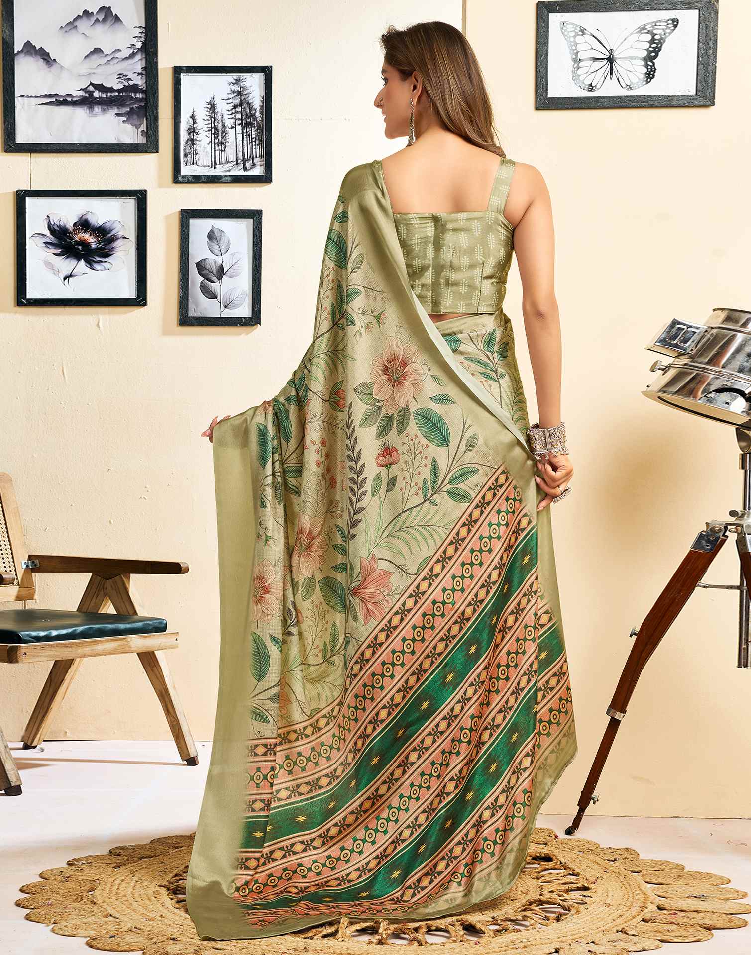 Ready To Wear Khaki Chinnon Printed Saree