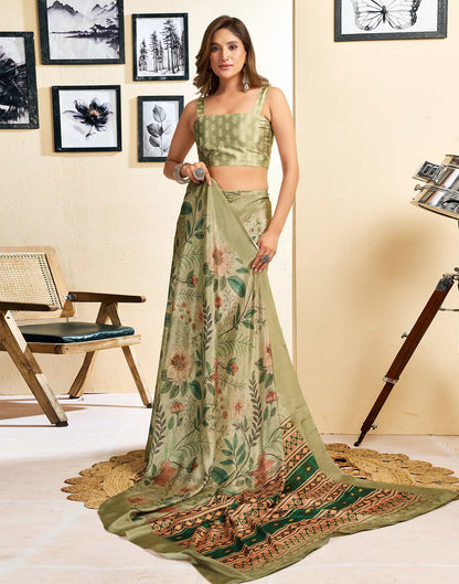 Ready To Wear Khaki Chinnon Printed Saree