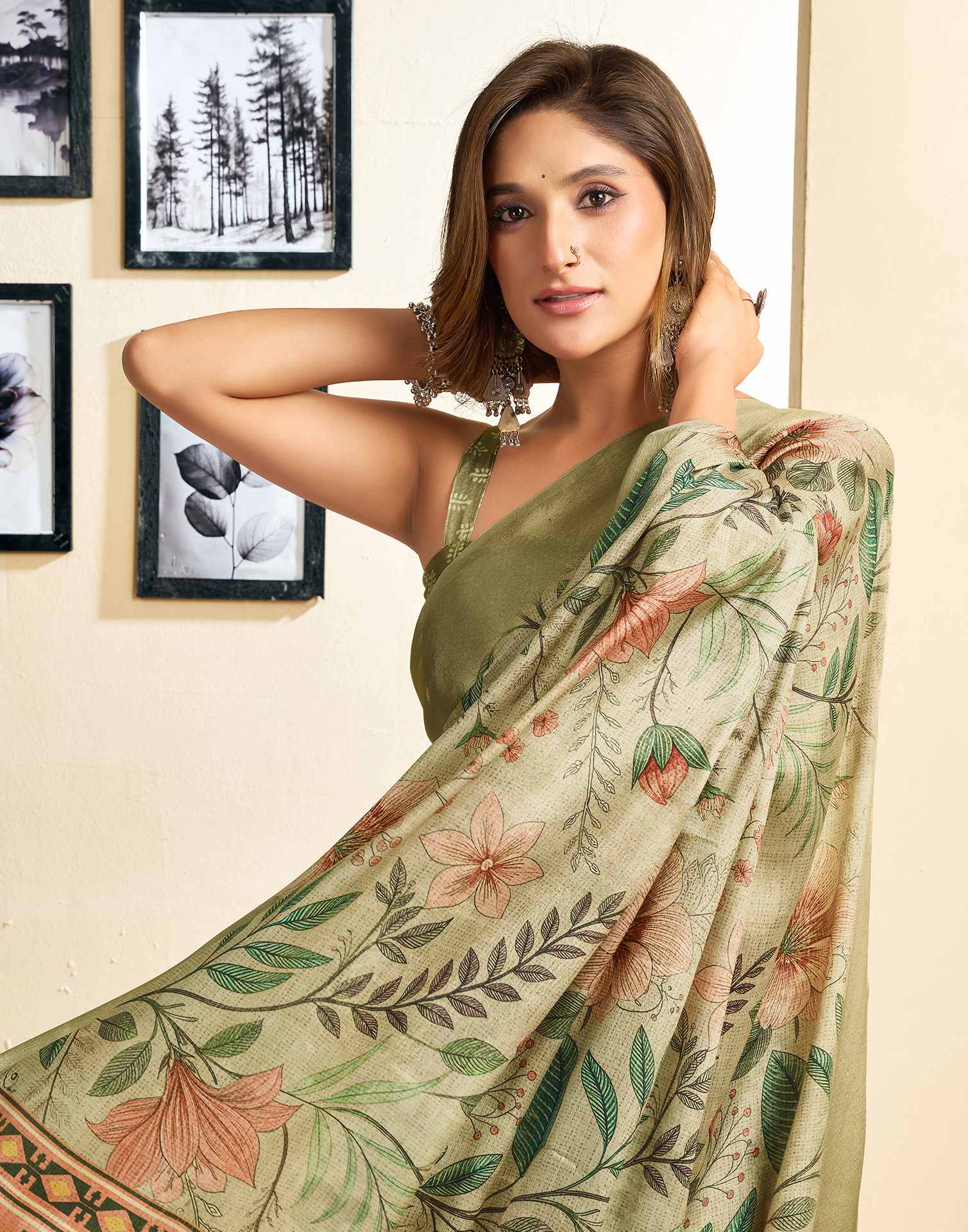 Ready To Wear Khaki Chinnon Printed Saree