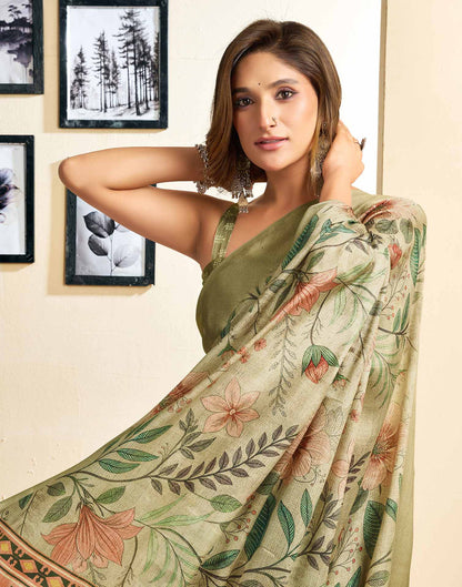 Ready To Wear Khaki Chinnon Printed Saree