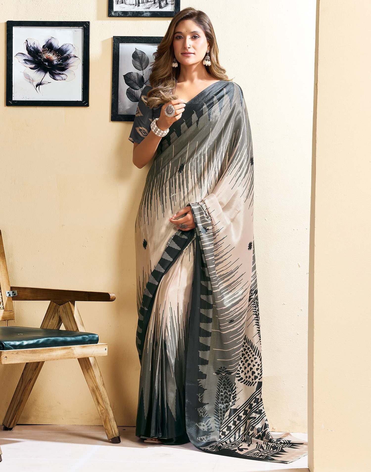 Ready To Wear Light Beige Chinnon Printed Saree