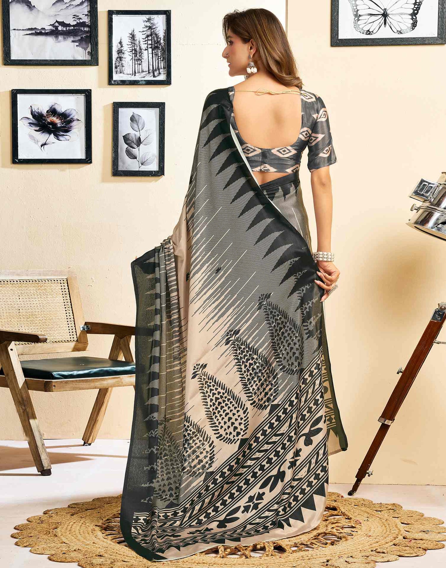 Ready To Wear Light Beige Chinnon Printed Saree