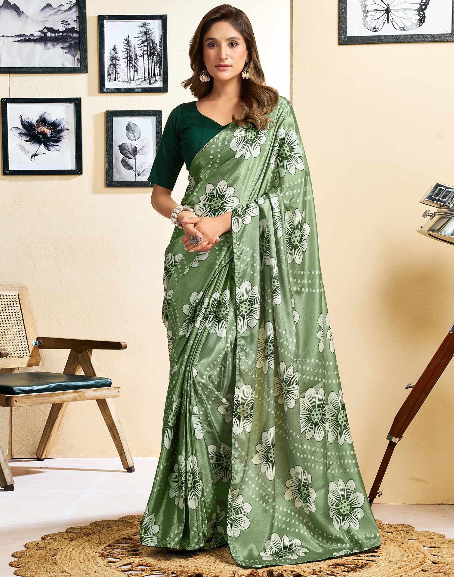 Ready To Wear Sage Green Chinnon Floral Printed Saree
