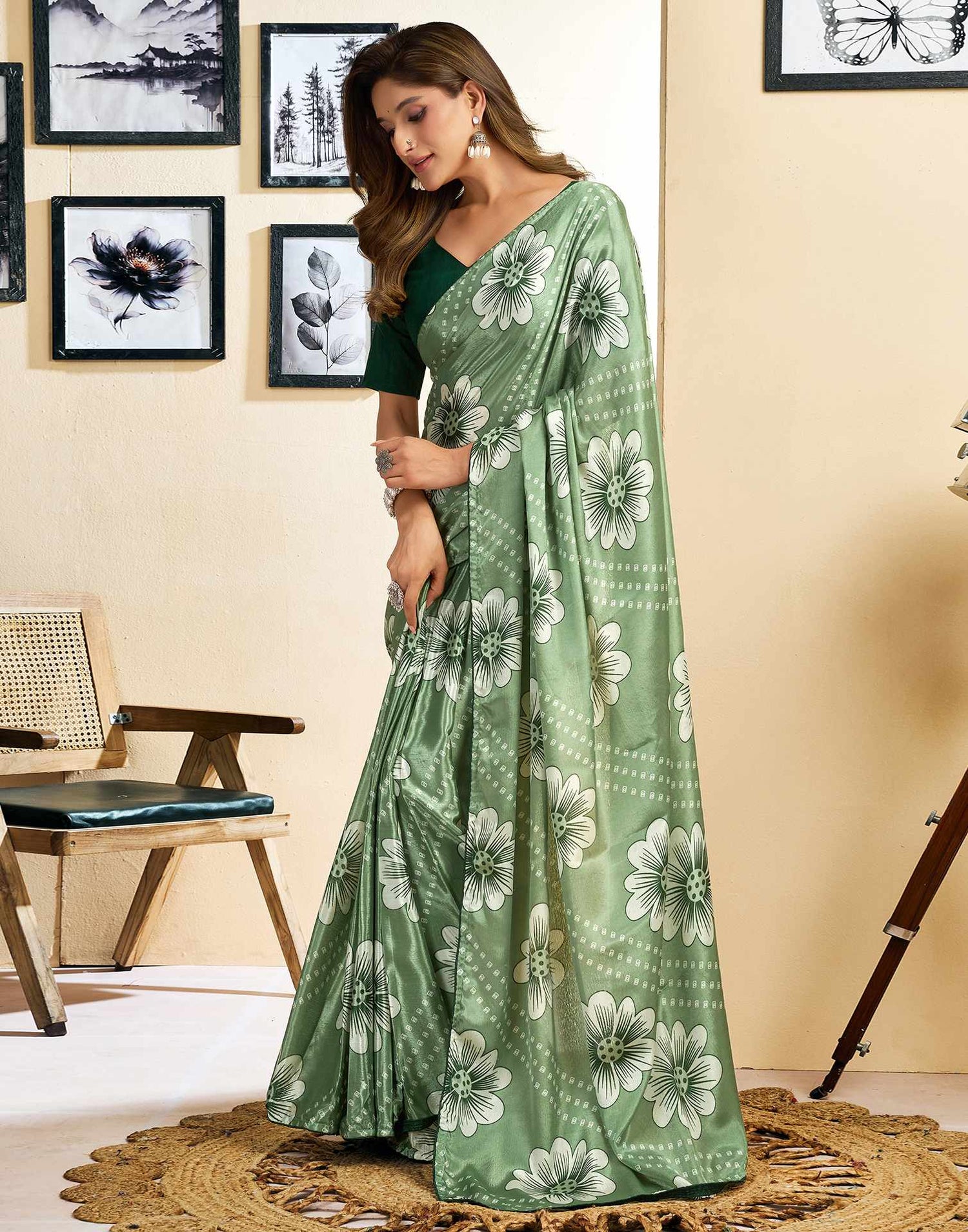 Ready To Wear Sage Green Chinnon Floral Printed Saree