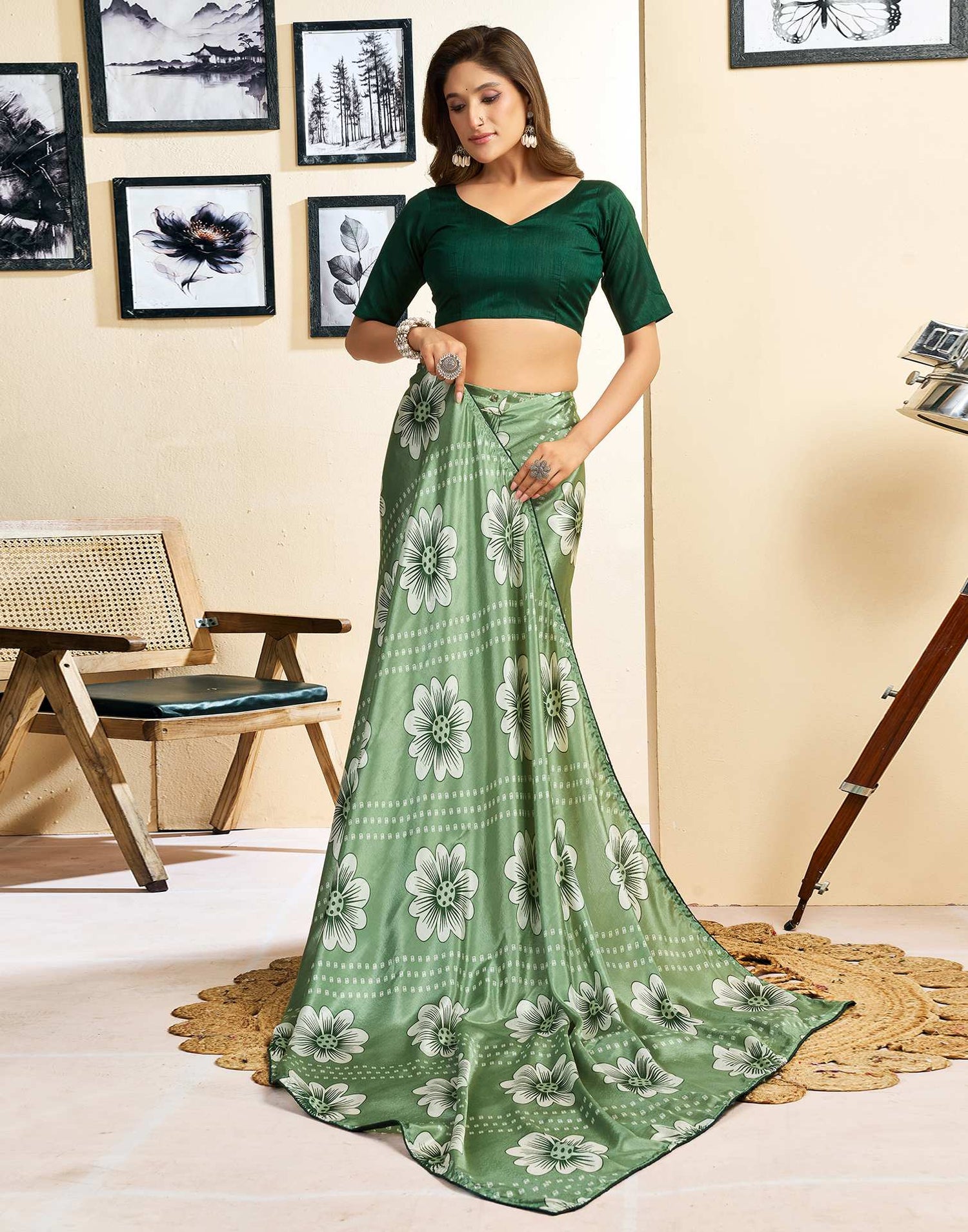Ready To Wear Sage Green Chinnon Floral Printed Saree