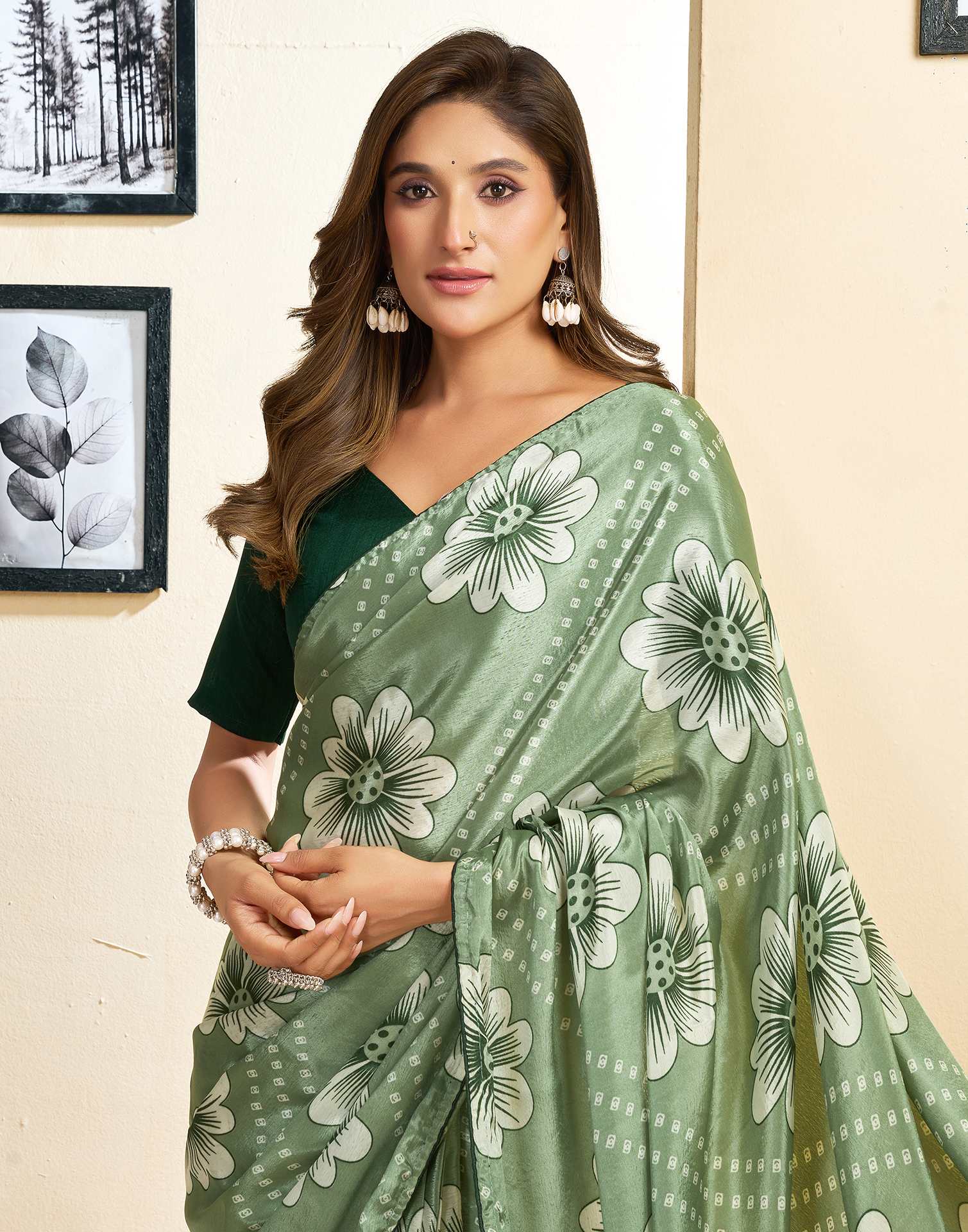 Ready To Wear Sage Green Chinnon Floral Printed Saree